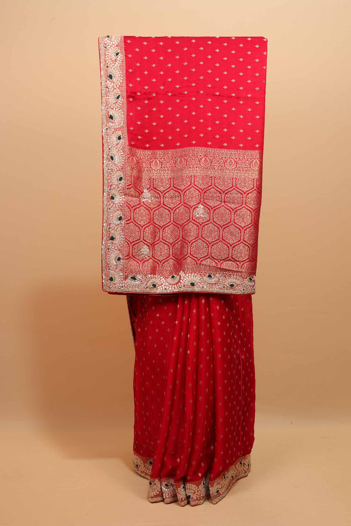 Red Embroidered Banarasi Silk Saree Zari Border Traditional Wear