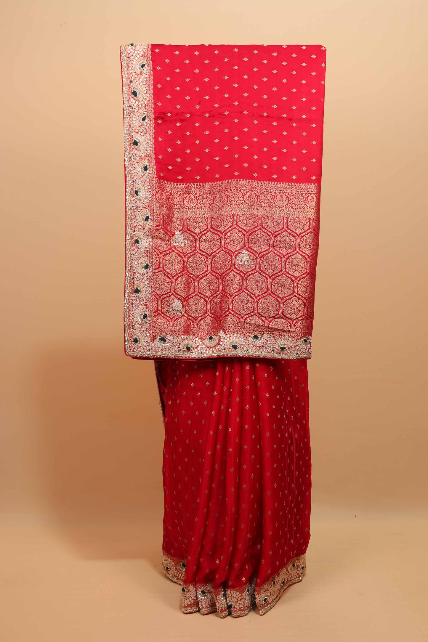 Red Embroidered Banarasi Silk Saree Zari Border Traditional Wear
