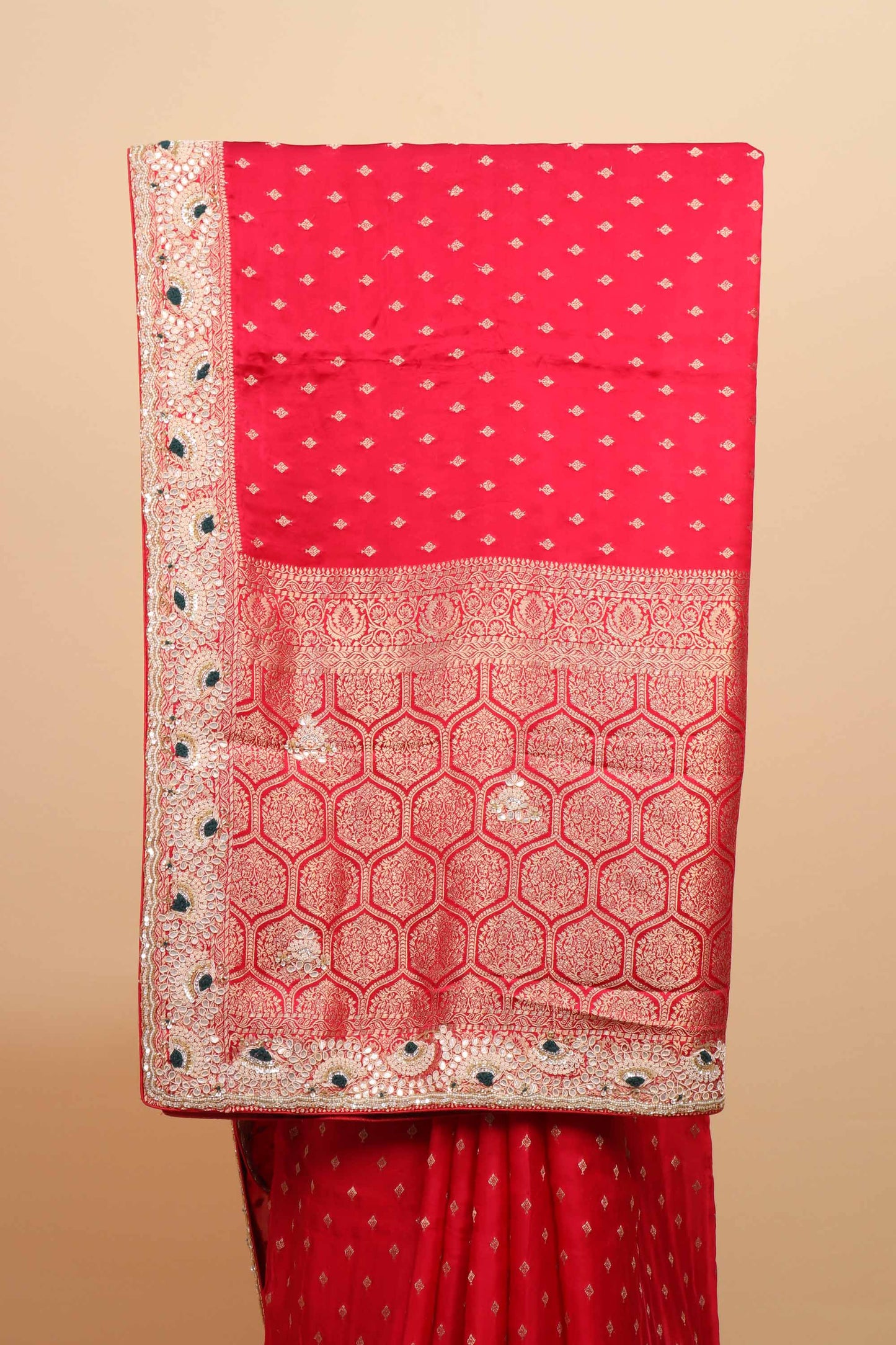 Red Embroidered Banarasi Silk Saree Zari Border Traditional Wear