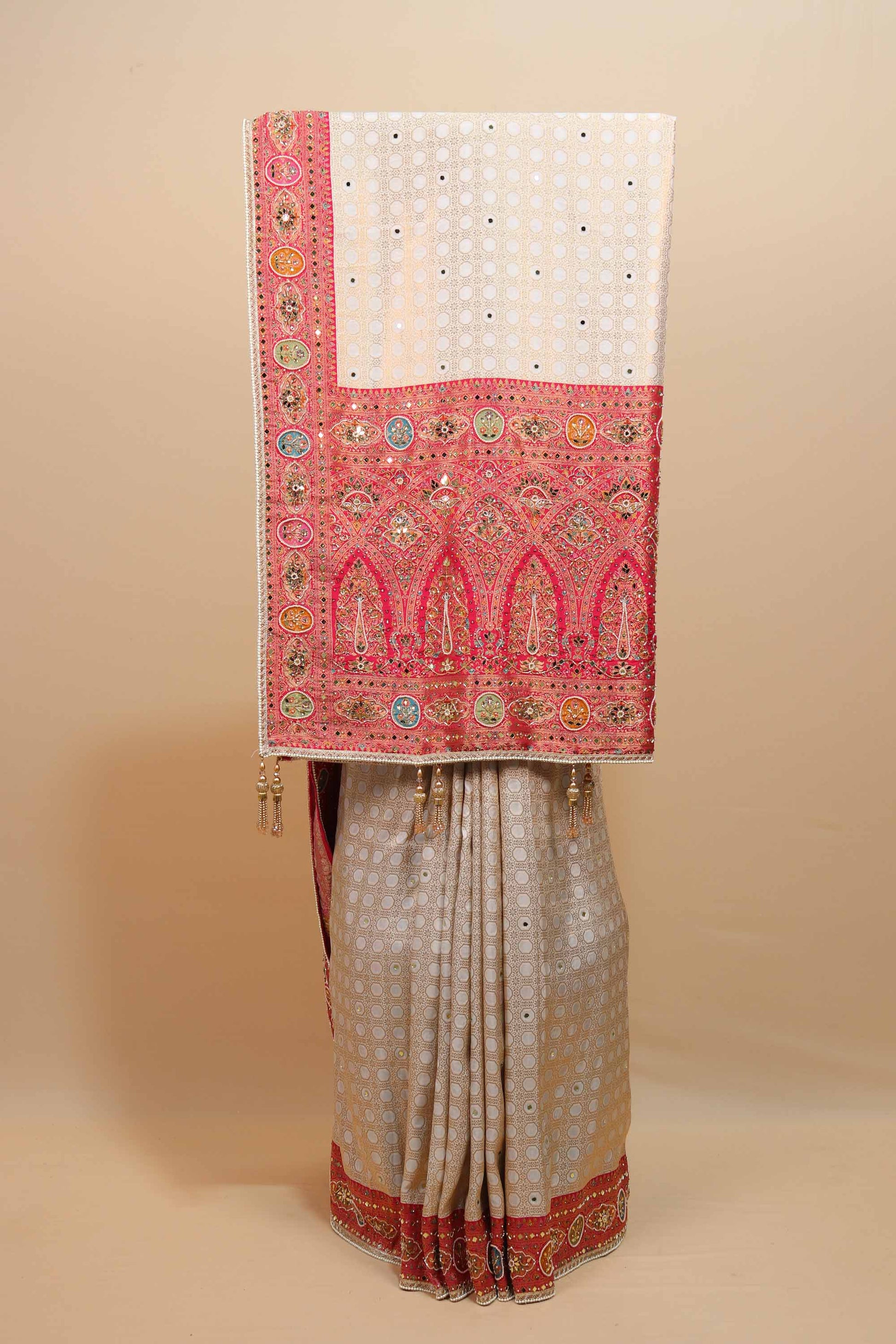 Cream Banarasi Silk Saree Pink Embroidered Border Designer Wear 