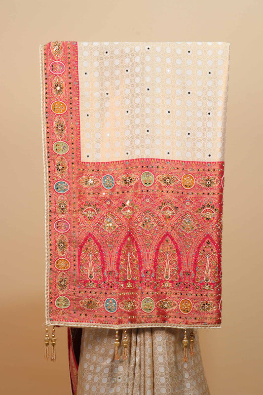 Cream Banarasi Silk Saree Pink Embroidered Border Designer Wear