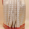 Cream Banarasi Silk Saree Pink Embroidered Border Designer Wear