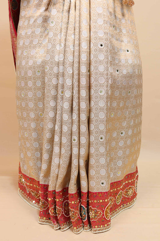 Cream Banarasi Silk Saree Pink Embroidered Border Designer Wear