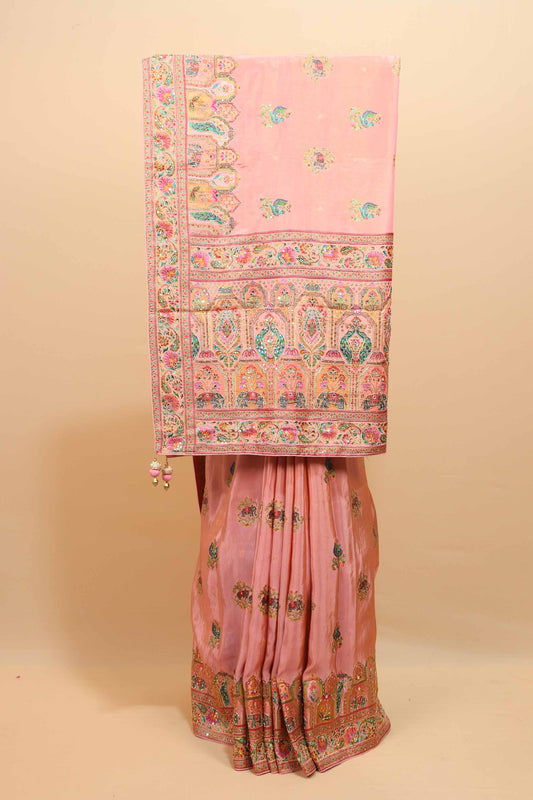 Peach Designer Banarasi Silk Saree Multicolor Embroidered Border