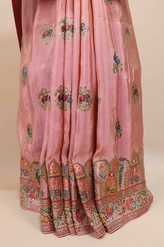 Peach Designer Banarasi Silk Saree Multicolor Embroidered Border