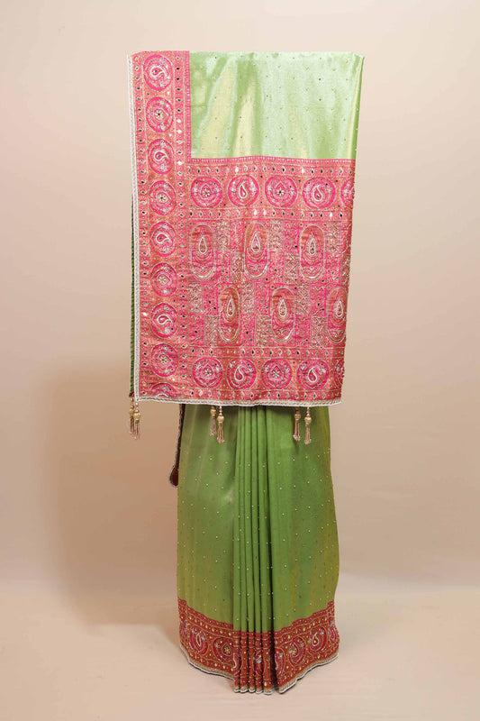 Green Designer Saree Pink Heavy Embroidered Border Traditional Saree 