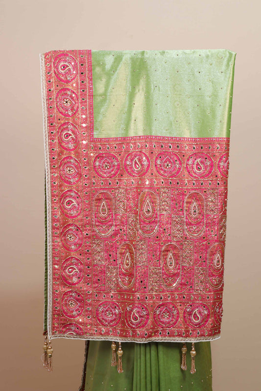 Green Designer Saree Pink Heavy Embroidered Border Traditional Saree