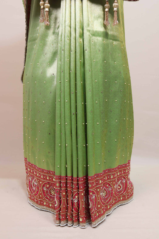 Green Designer Saree Pink Heavy Embroidered Border Traditional Saree
