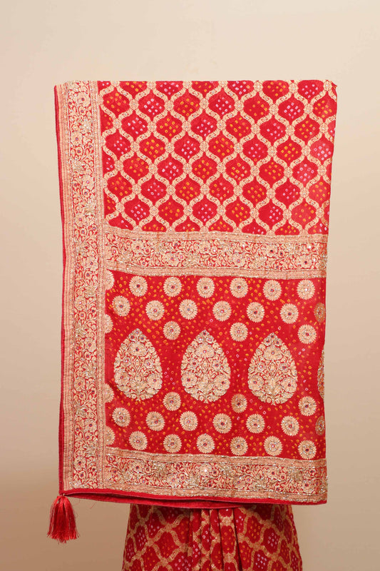 Red Banarasi Silk Saree Gold Zari Floral Weaving Traditional Saree