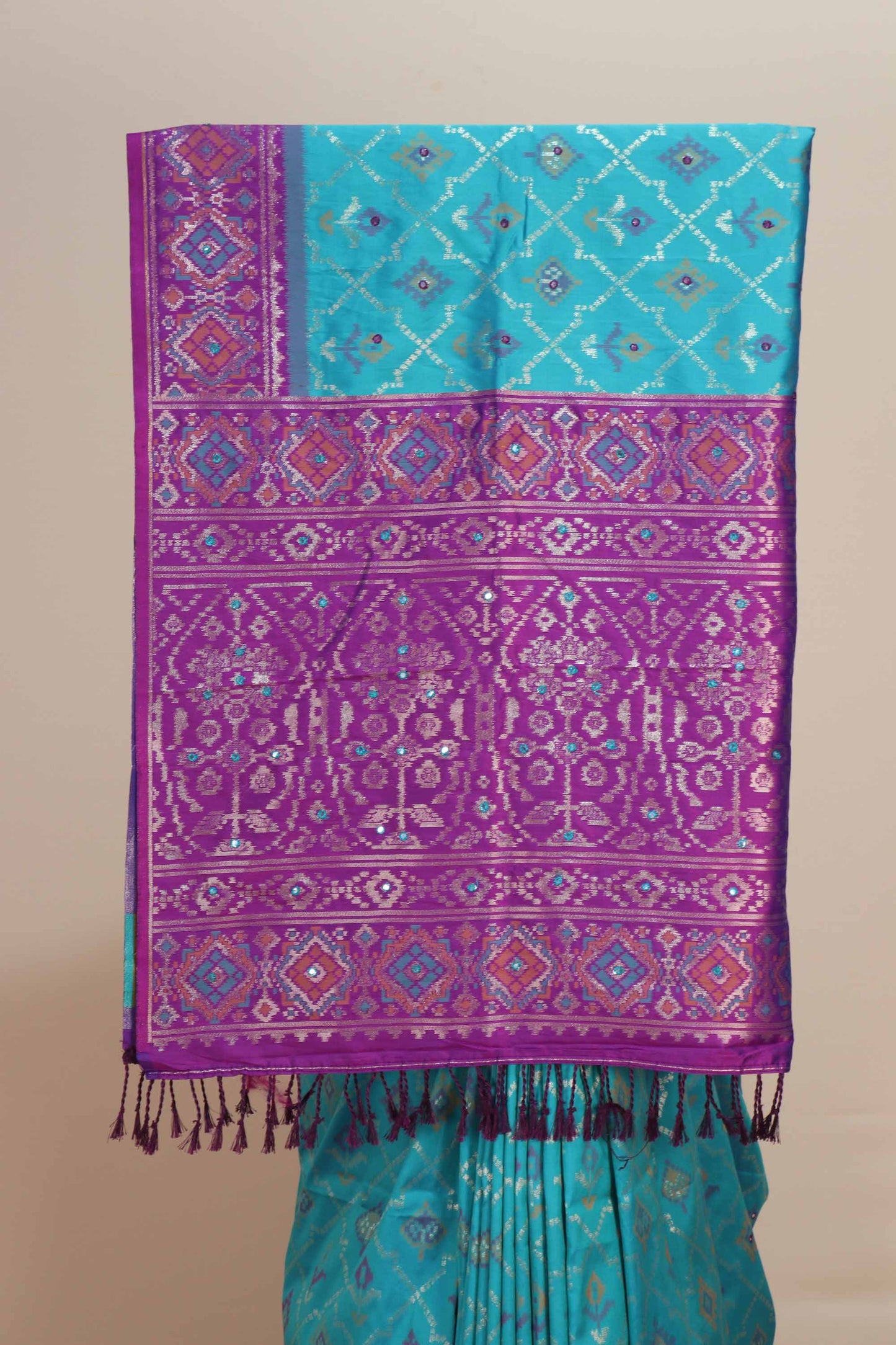 Turquoise Blue Purple Banarasi Silk Saree Silver Zari Geometric Weaving