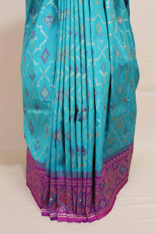 Turquoise Blue Purple Banarasi Silk Saree Silver Zari Geometric Weaving