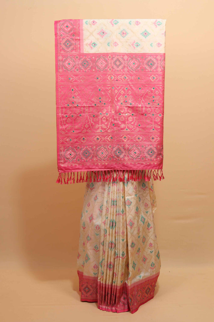 Cream Pink Banarasi Silk Saree Zari Geometric Weaving Traditional Saree