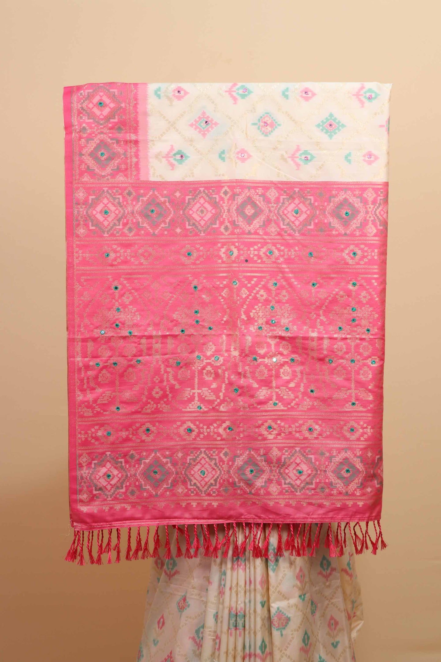 Cream Pink Banarasi Silk Saree Zari Geometric Weaving Traditional Saree