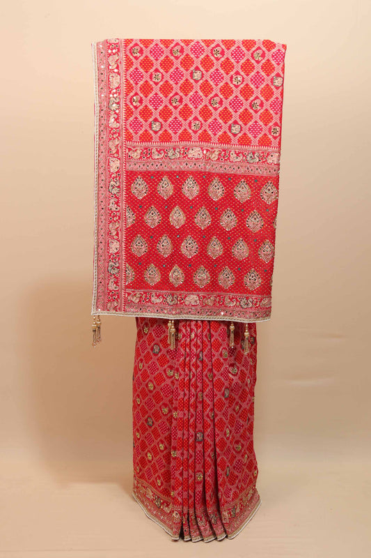 Red Bandhani Printed Saree Traditional Motifs Embroidered Border