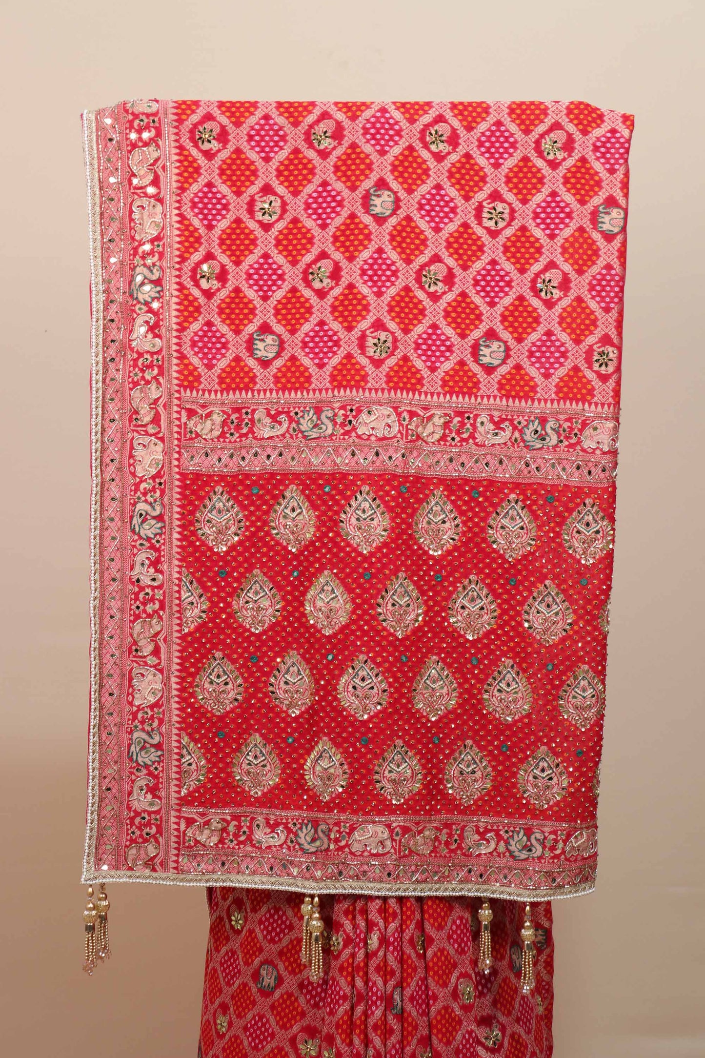Red Bandhani Printed Saree Traditional Motifs Embroidered Border