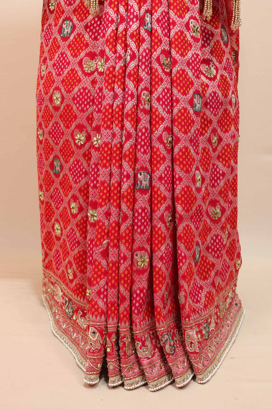 Red Bandhani Printed Saree Traditional Motifs Embroidered Border