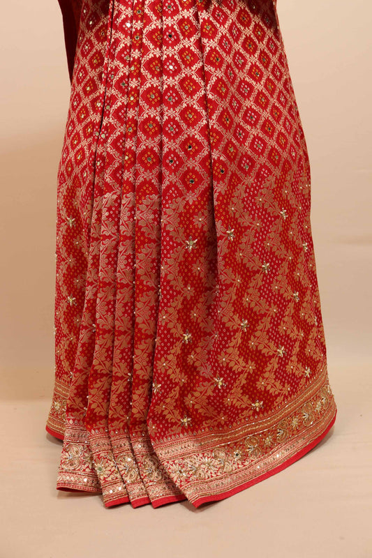 Red Bridal Designer Saree Heavy Zari Embroidery Traditional Motifs Saree