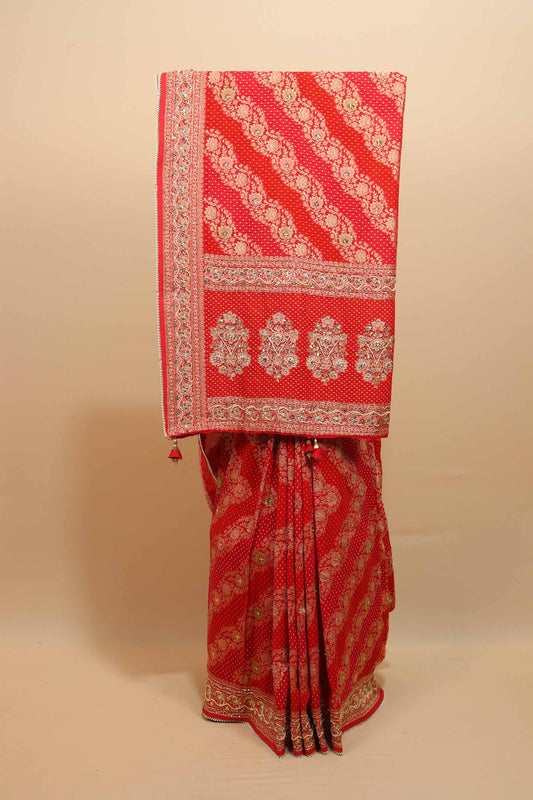Red Designer Saree Floral Zari Work Border Wedding Saree