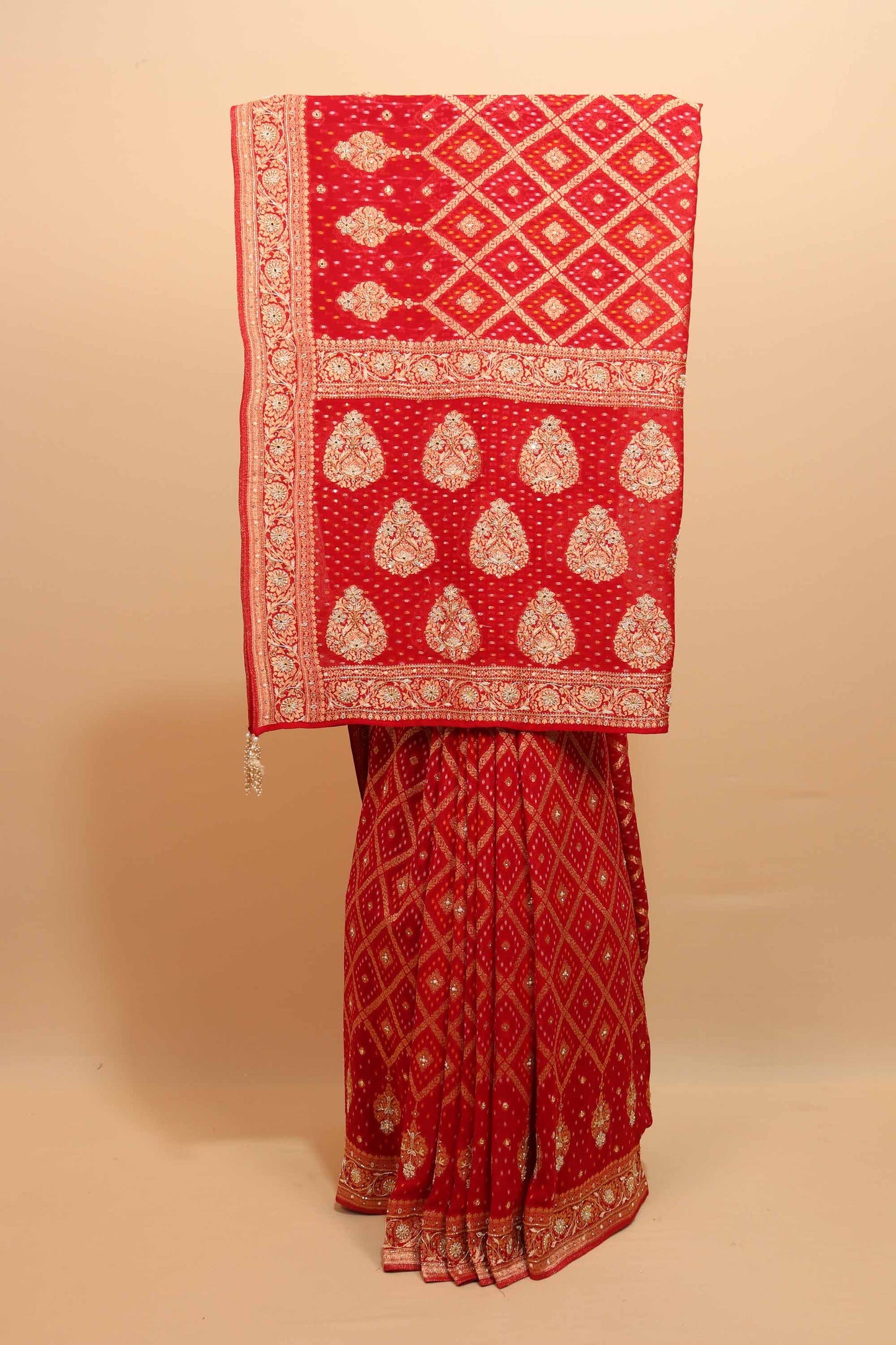 Red Bandhani Designer Saree with Zari Motifs Embroidered Border