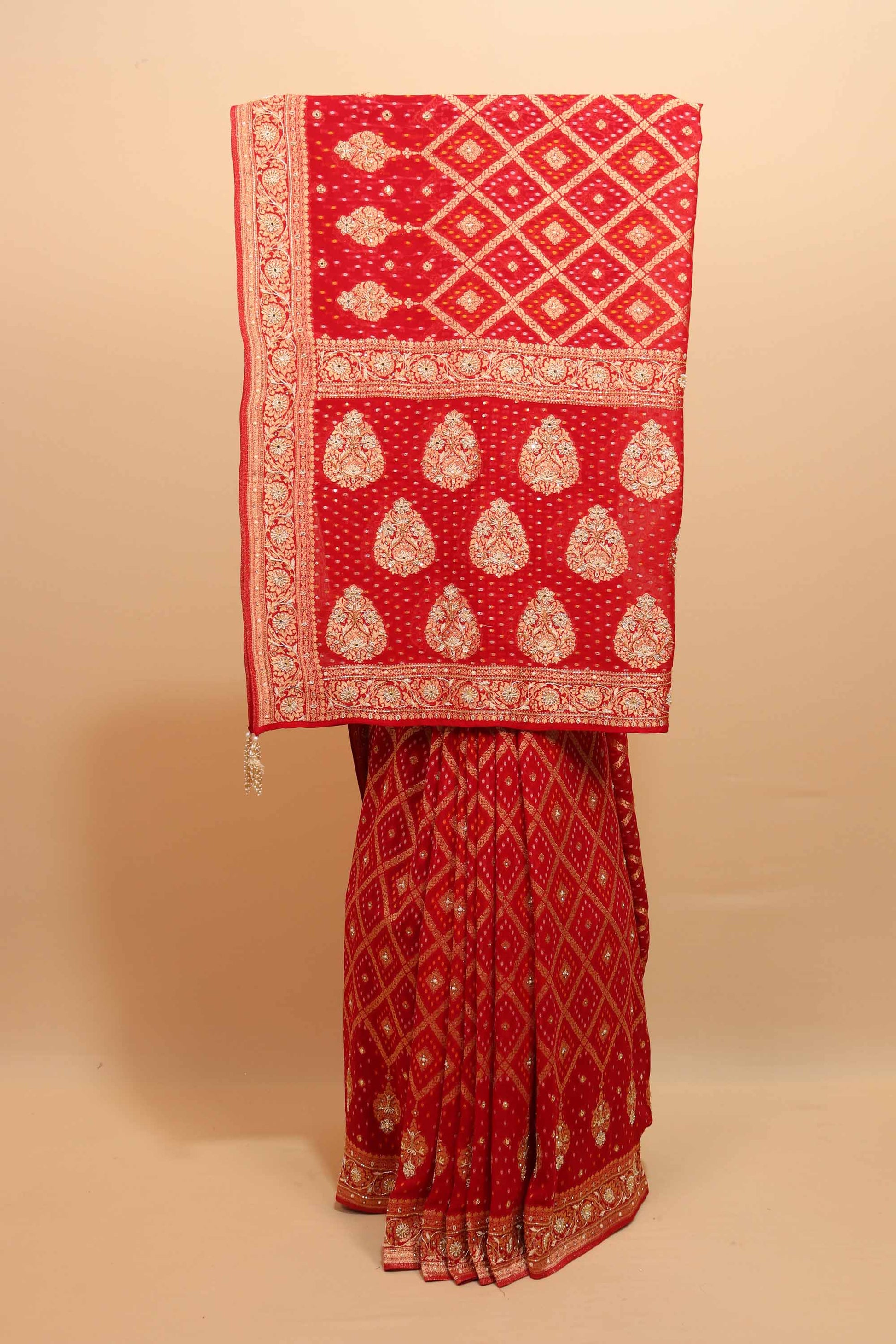 Red Bandhani Designer Saree with Zari Motifs Embroidered Border