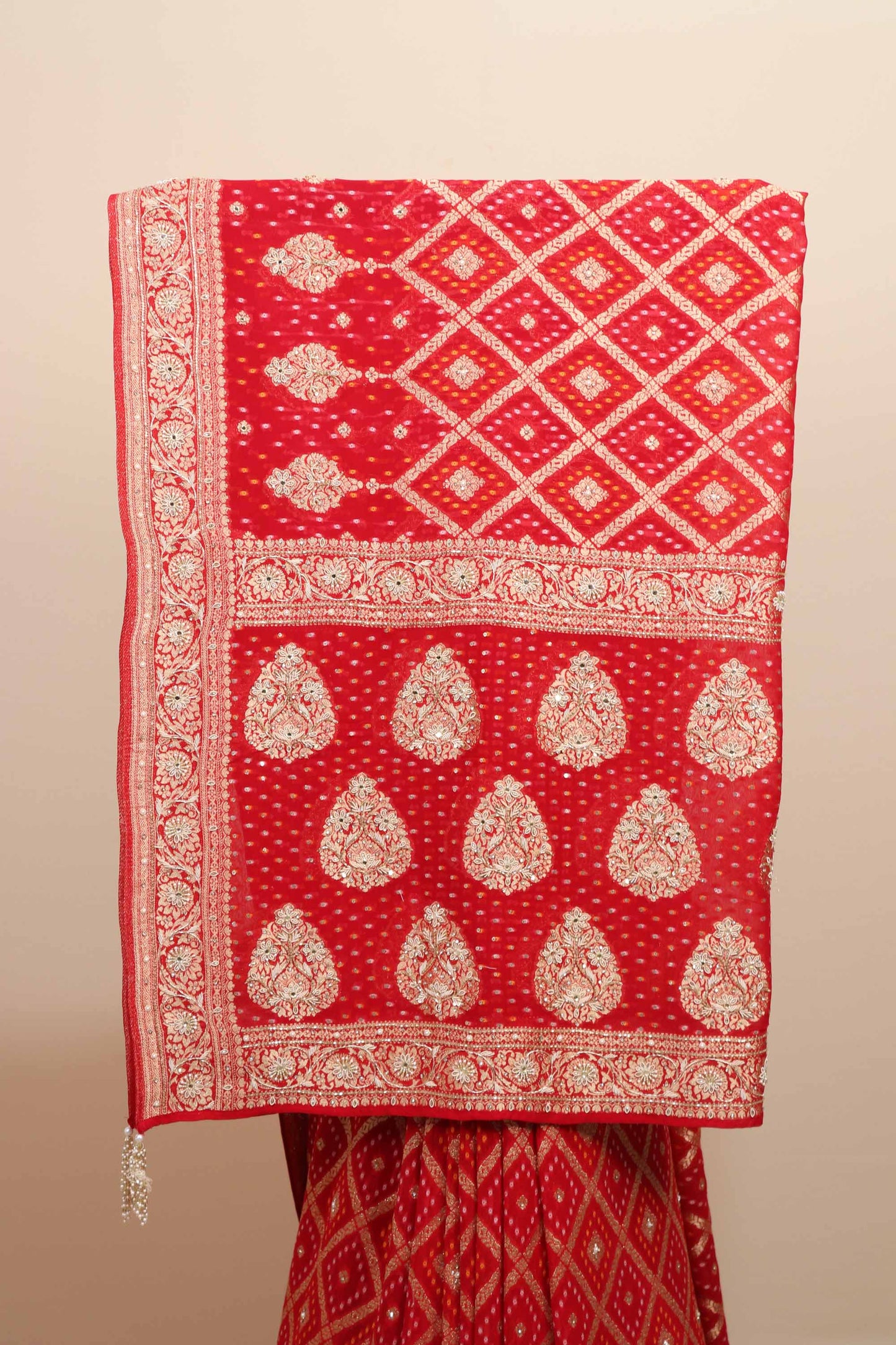 Red Bandhani Designer Saree with Zari Motifs Embroidered Border