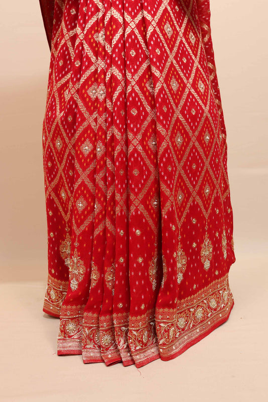 Red Bandhani Designer Saree with Zari Motifs Embroidered Border