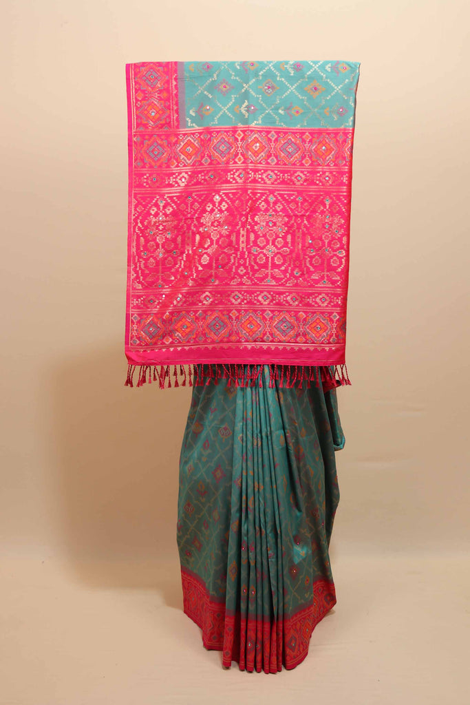 Teal Blue Pink Traditional Silk Saree Woven Border Designer Pallu