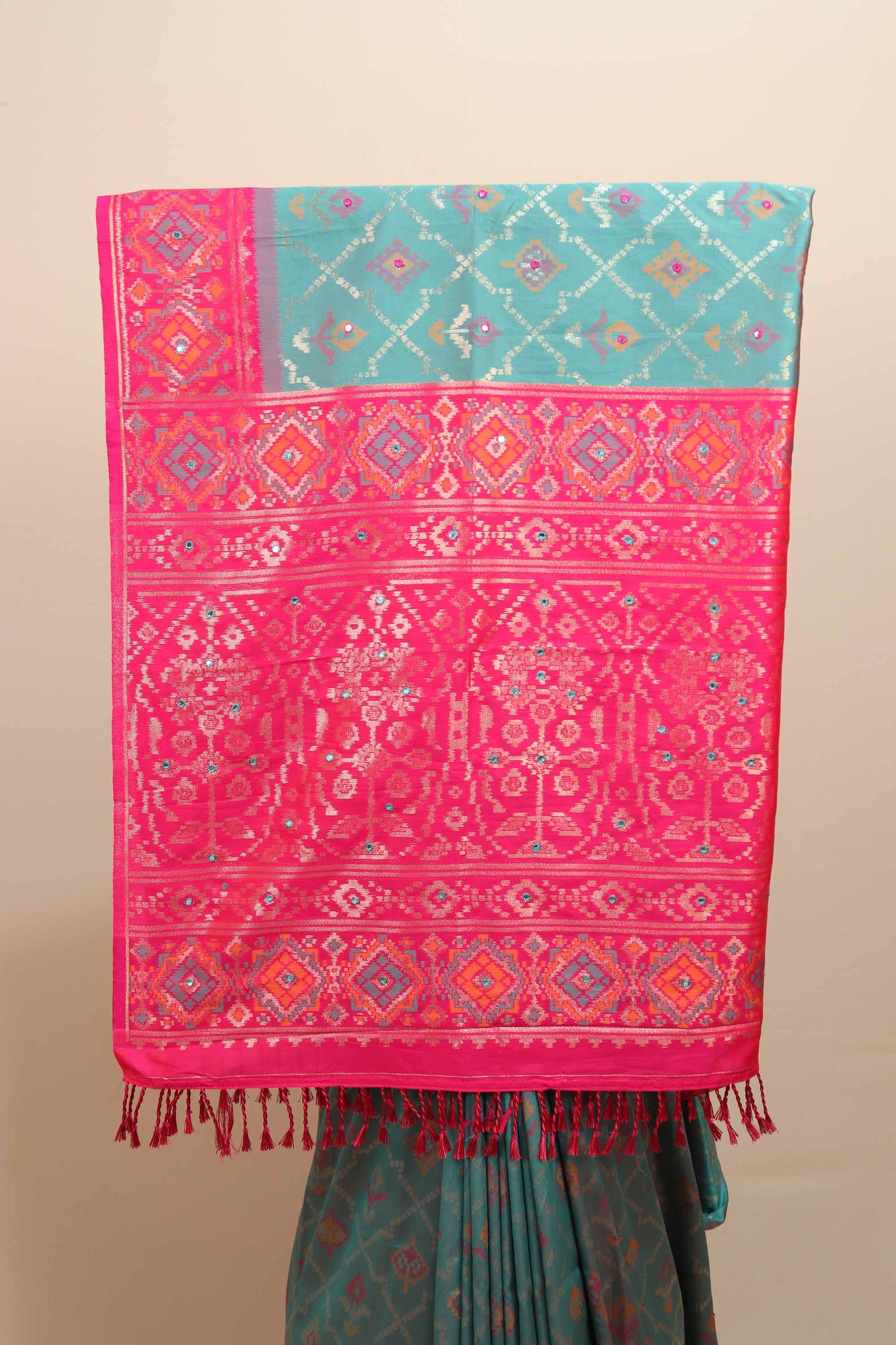 Teal Blue Pink Traditional Silk Saree Woven Border Designer Pallu