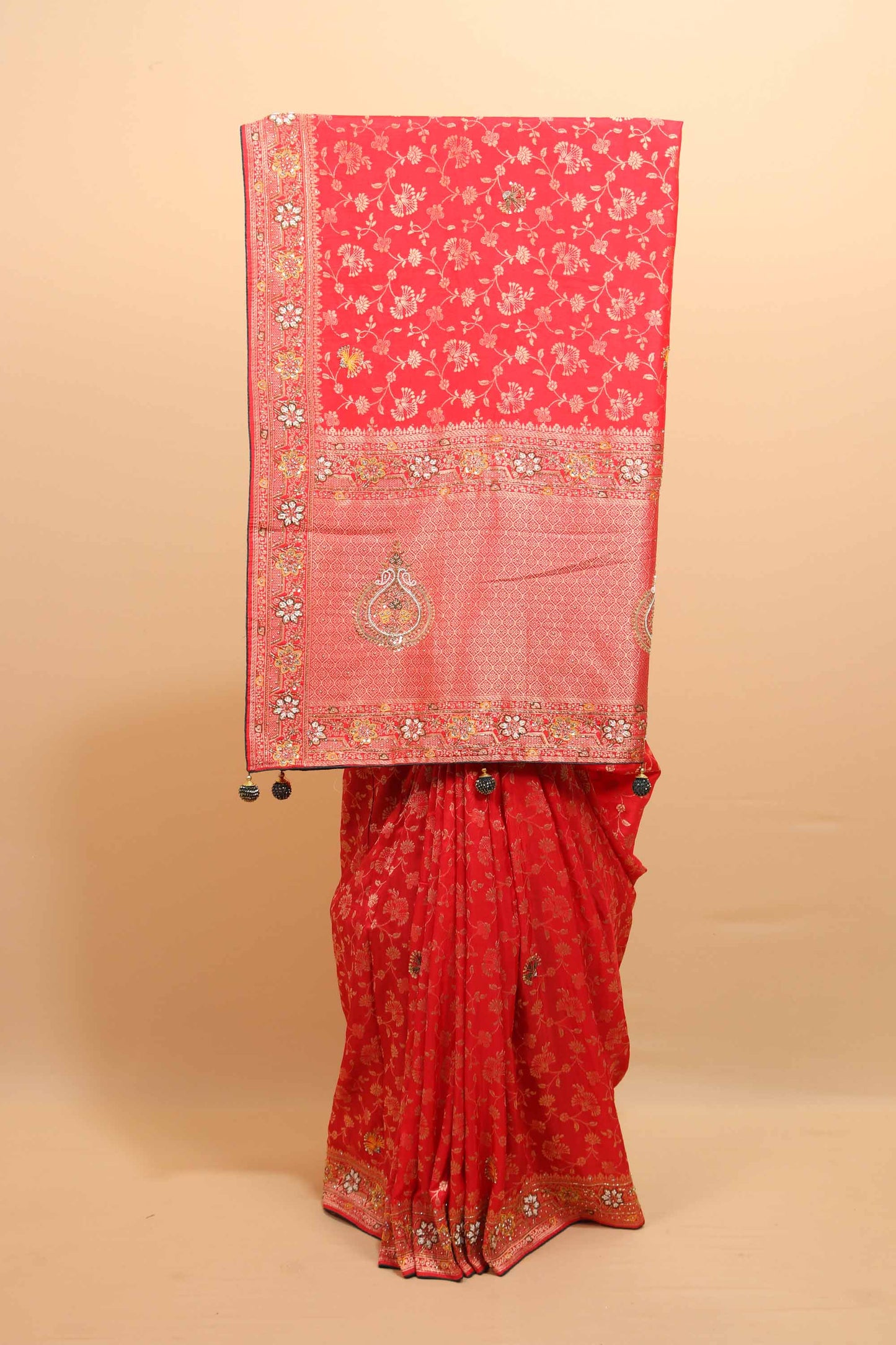 Red Floral Silk Saree with Woven Border Designer Pallu