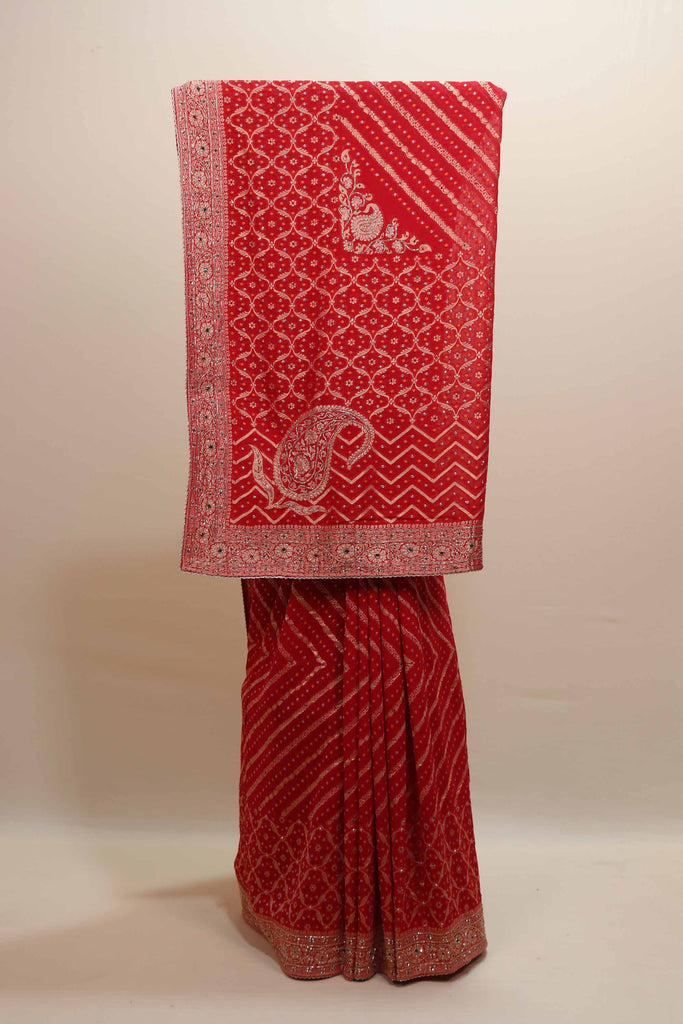 Red Embroidered Bandhani Saree with Heavy Zari Work Border