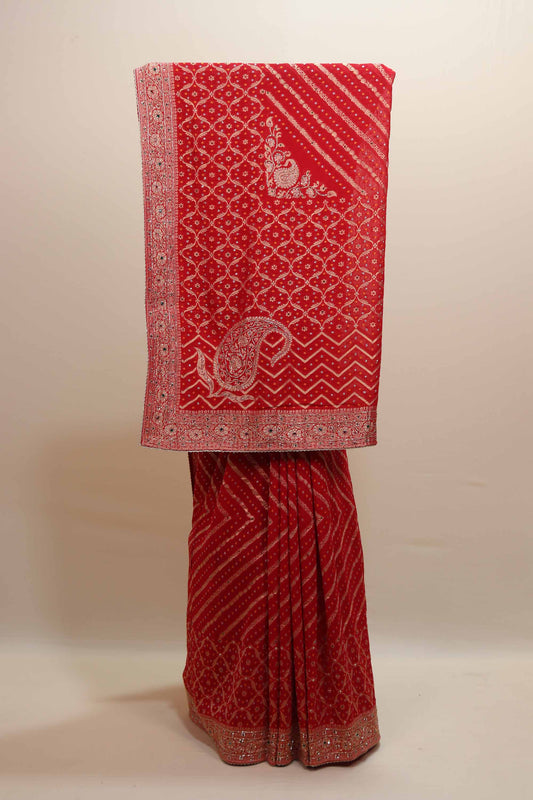 Red Embroidered Bandhani Saree with Heavy Zari Work Border