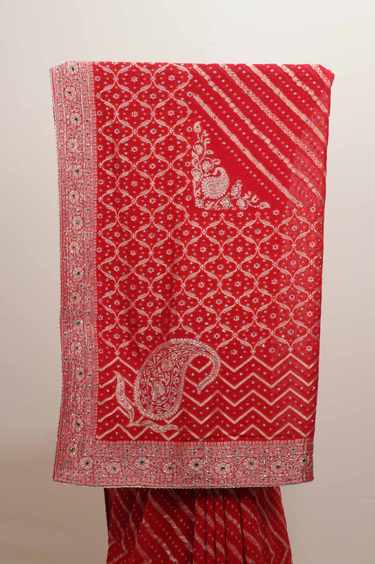 Red Embroidered Bandhani Saree with Heavy Zari Work Border