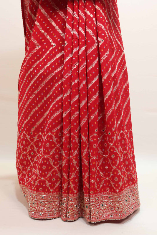 Red Embroidered Bandhani Saree with Heavy Zari Work Border