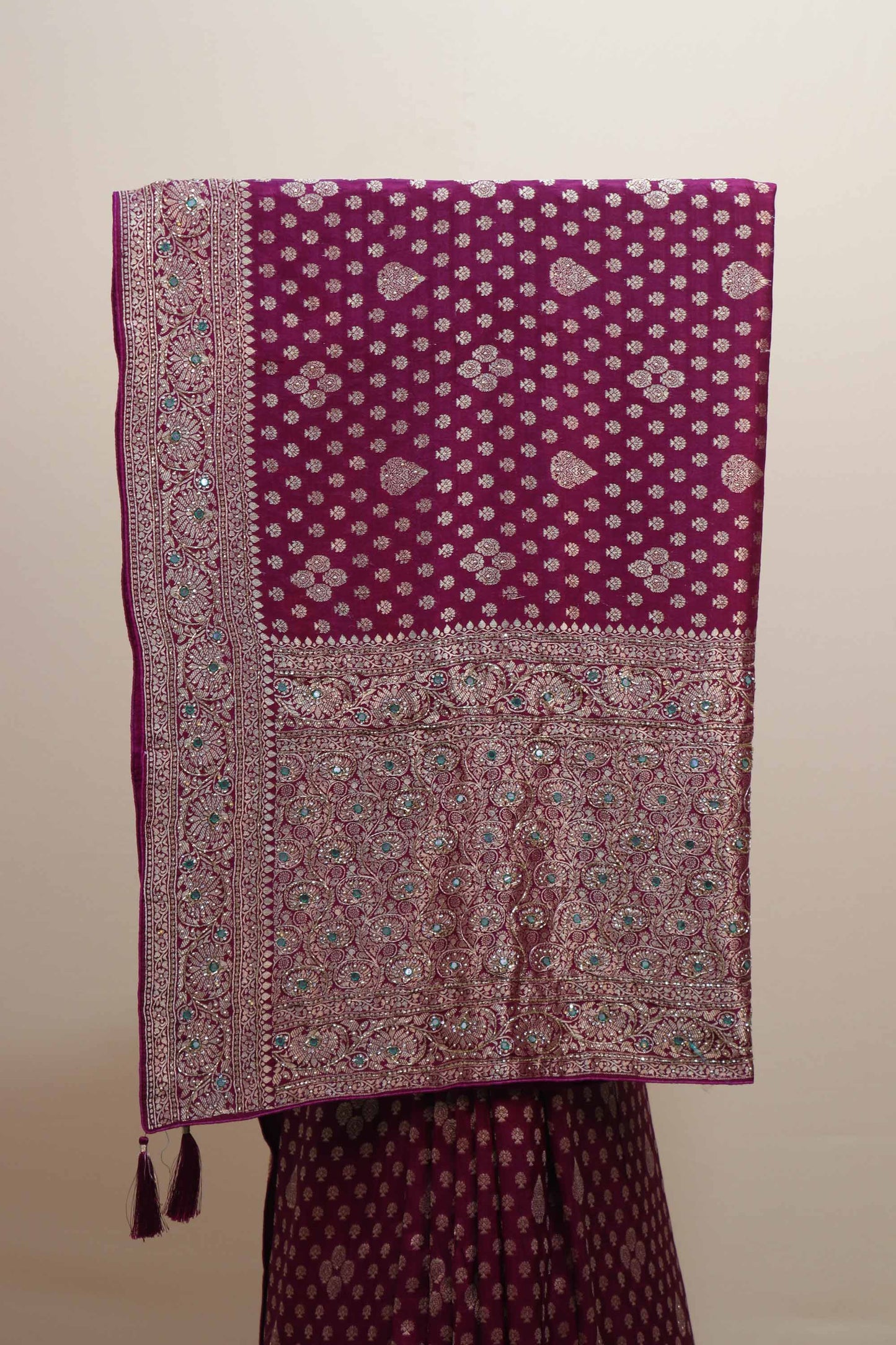 Purple Embroidered Silk Saree Heavy Zari Border Floral Butti Design