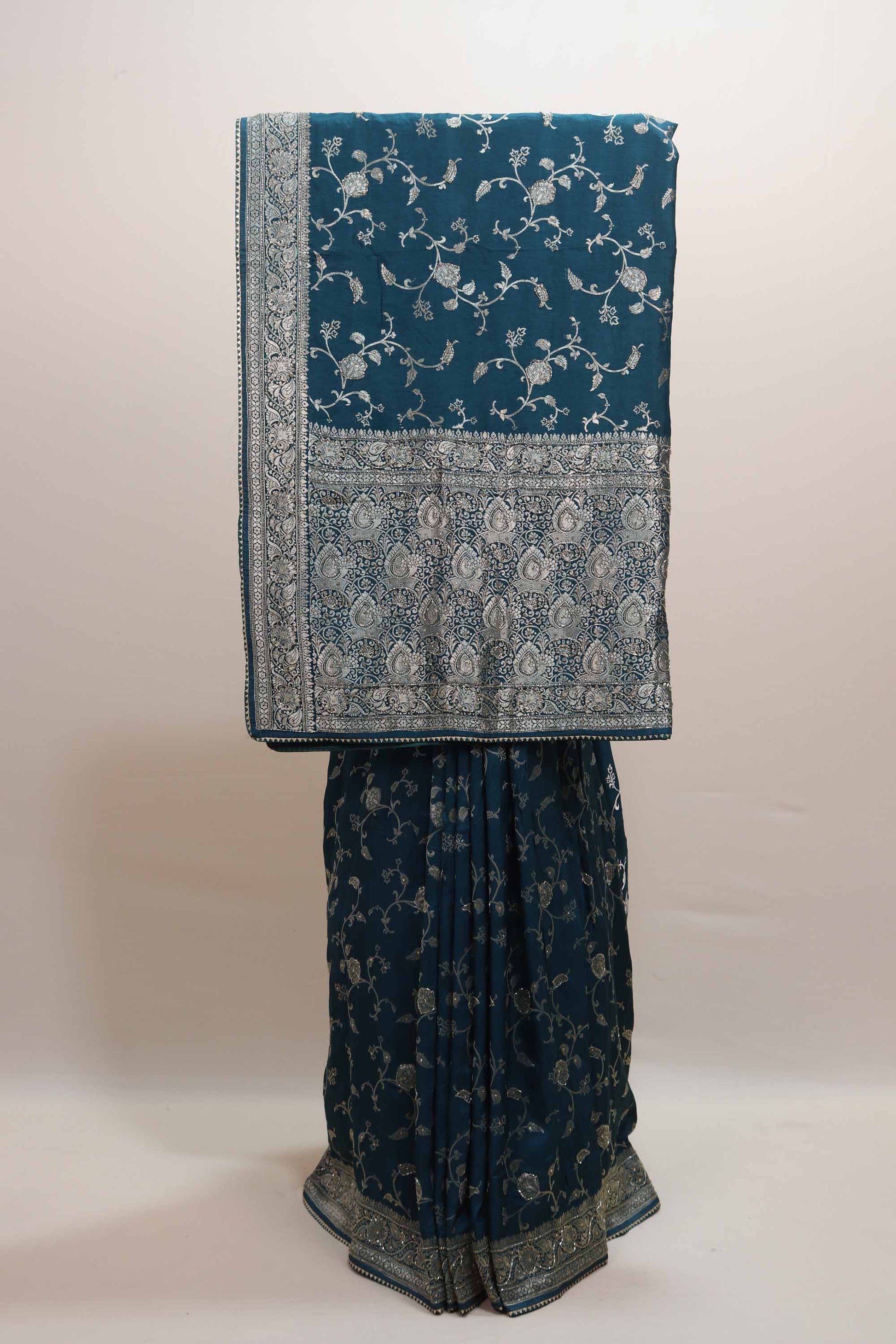 Teal Blue Embroidered Silk Saree Heavy Zari Border Floral Vine Design