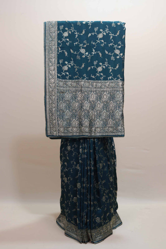 Teal Blue Embroidered Silk Saree Heavy Zari Border Floral Vine Design