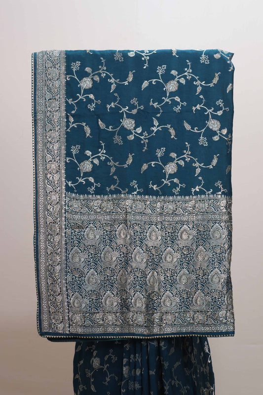Teal Blue Embroidered Silk Saree Heavy Zari Border Floral Vine Design