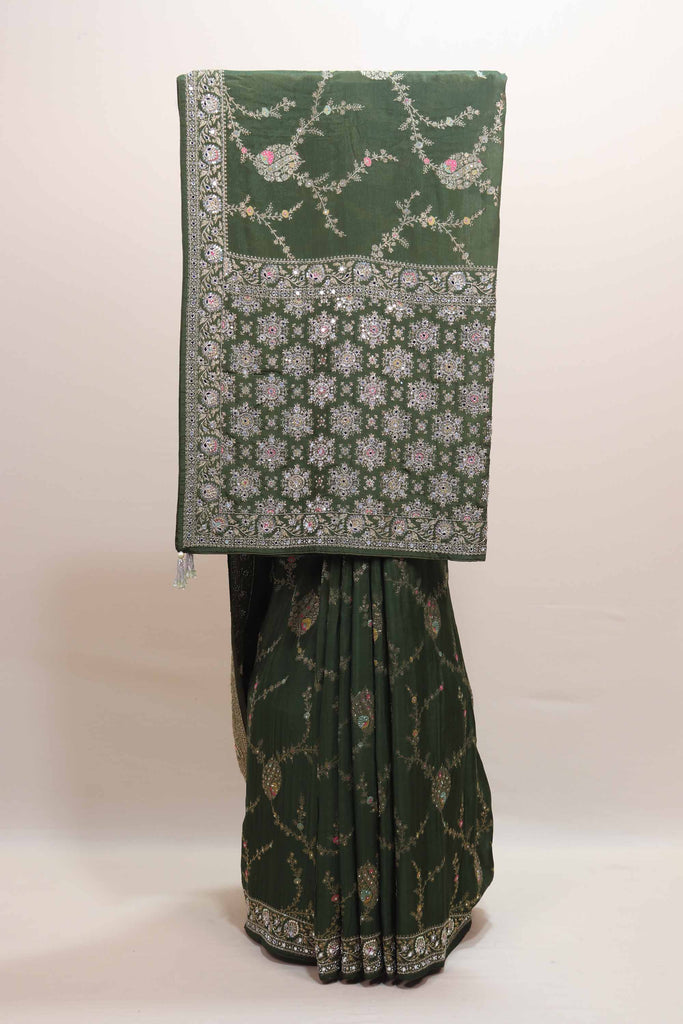 Dark Green Embroidered Silk Saree Heavy Zari Border Floral Paisley Design