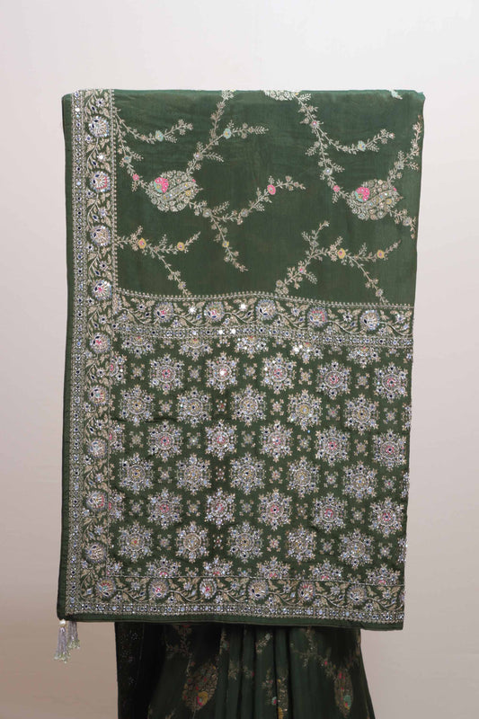 Dark Green Embroidered Silk Saree Heavy Zari Border Floral Paisley Design