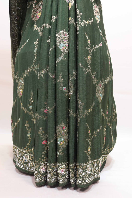 Dark Green Embroidered Silk Saree Heavy Zari Border Floral Paisley Design
