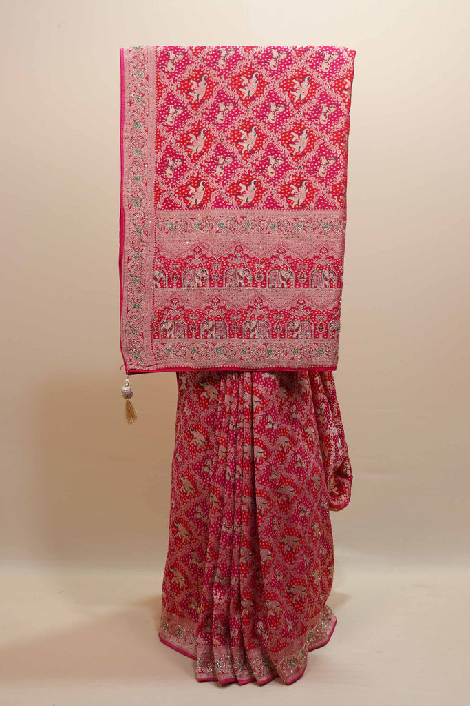 Pink Elephant Print Silk Saree Heavy Zari Border Traditional Design