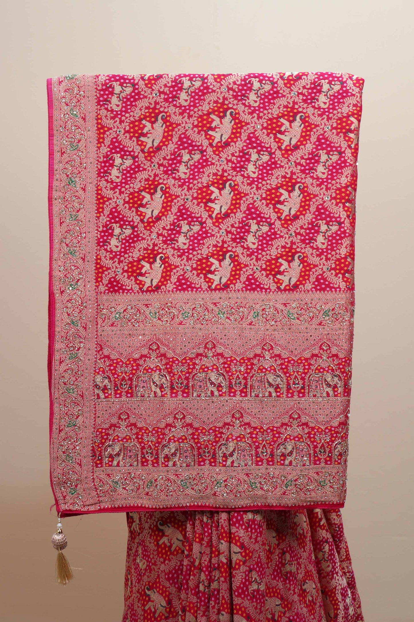 Pink Elephant Print Silk Saree Heavy Zari Border Traditional Design