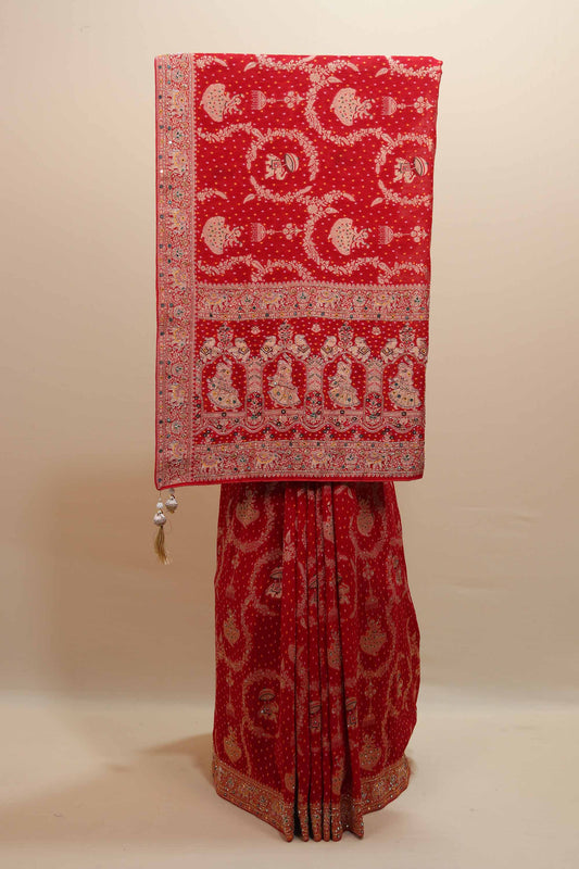 Red Traditional Printed Saree Border Dancing Figure Motifs Saree