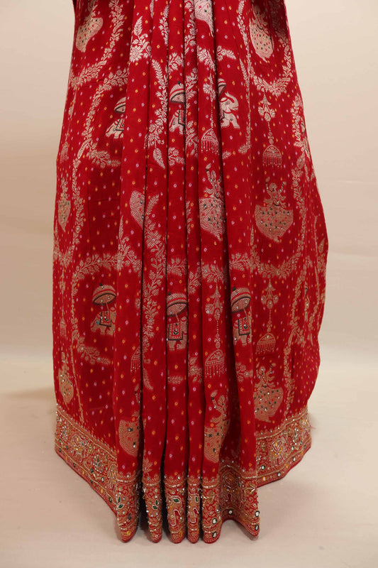 Red Traditional Printed Saree Border Dancing Figure Motifs Saree