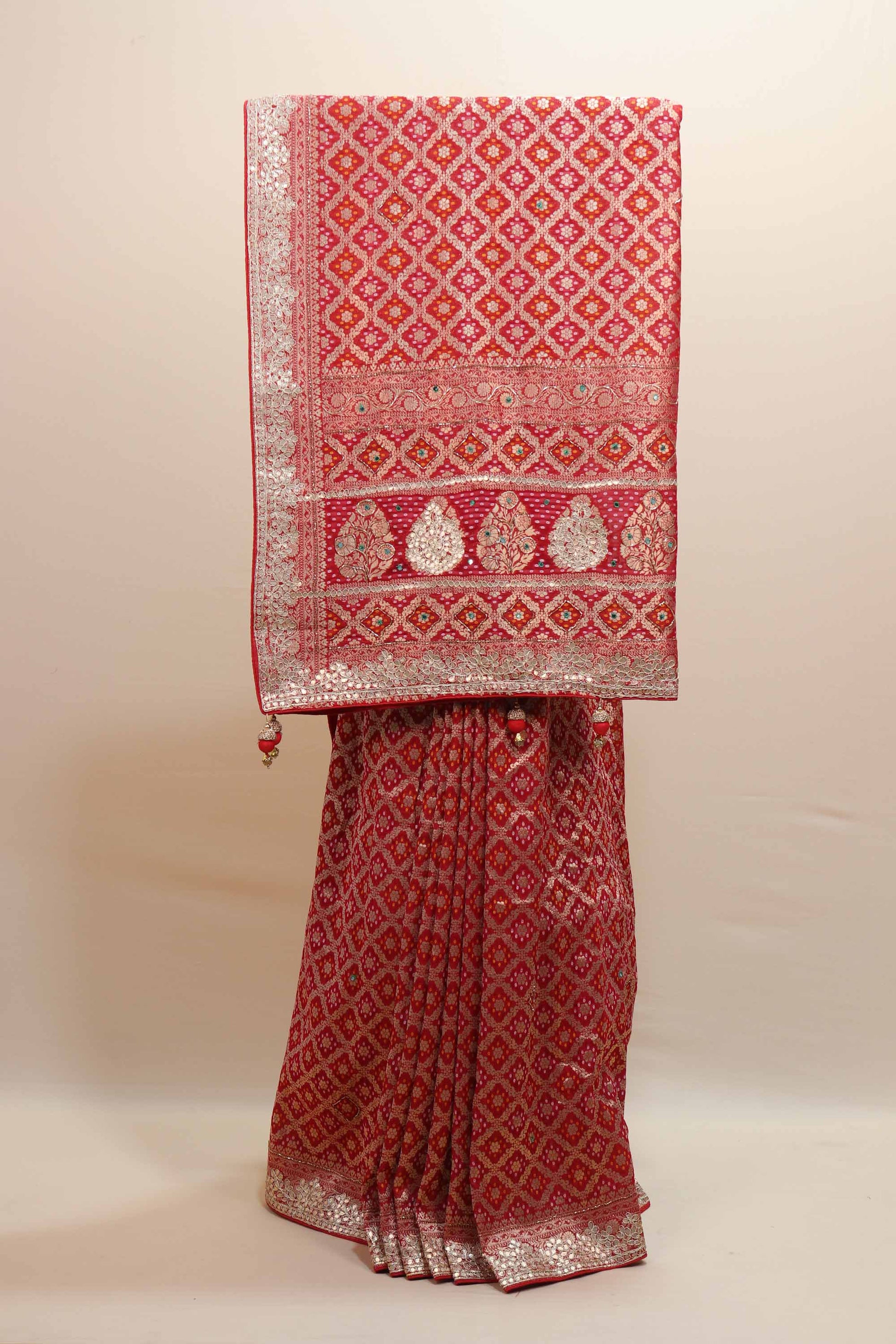 Red Bandhani Printed Saree with Silver Zari Border Traditional Saree
