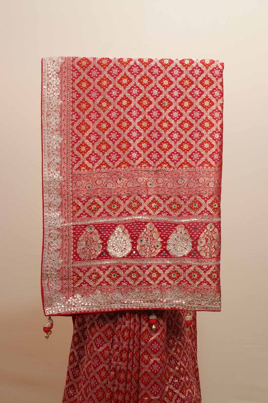 Red Bandhani Printed Saree with Silver Zari Border Traditional Saree