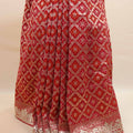 Red Bandhani Printed Saree with Silver Zari Border Traditional Saree