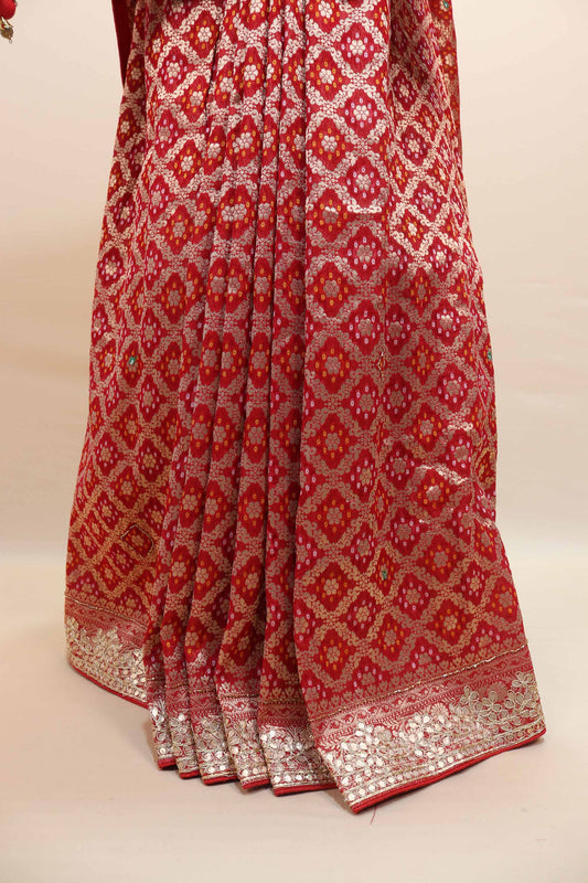 Red Bandhani Printed Saree with Silver Zari Border Traditional Saree