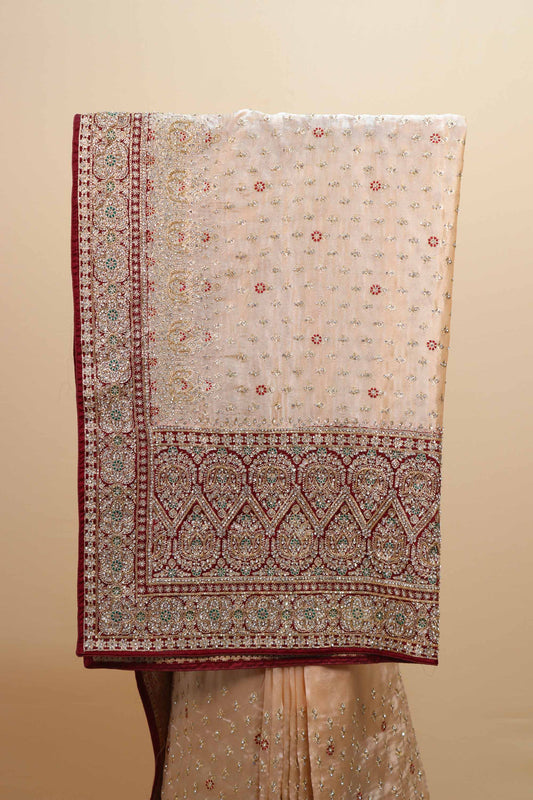Cream Embroidered Saree with Heavy Zari Border Traditional Motifs Saree