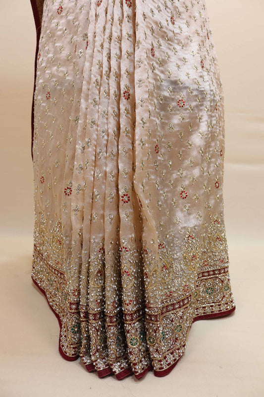 Cream Embroidered Saree with Heavy Zari Border Traditional Motifs Saree